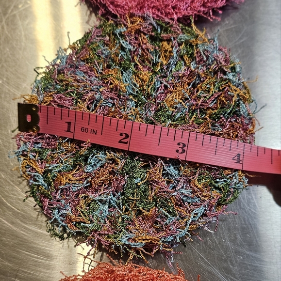 Handmade Set of 3 Round Dish Scrubby Hot Pink, Orange and Multicolor 4inch - Picture 4 of 5